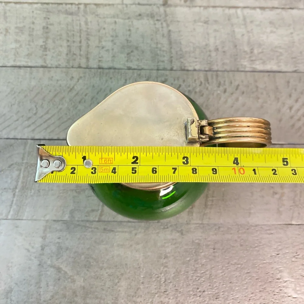 Vintage Emerald Glo Star Cut Green Glass Brass Pitcher Saucer National SilverCo